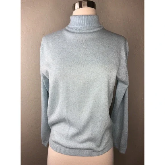 VTG BROADWAY SUBURBANITE SPORTSWEAR Blue Turtleneck Sweater Silver Metallic - Picture 1 of 6